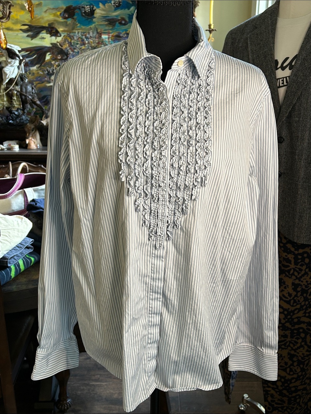 Lauren Ralph Lauren Sz XL Light Blue Stripe Ruffled Front Button DownDress Shirt
